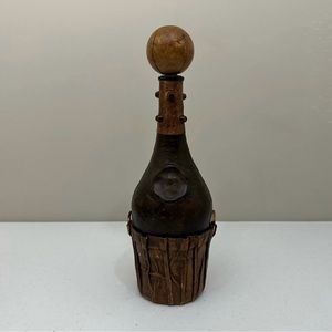 Vintage Brass Studded Italian Leather Covered Round Glass Liquor Decanter